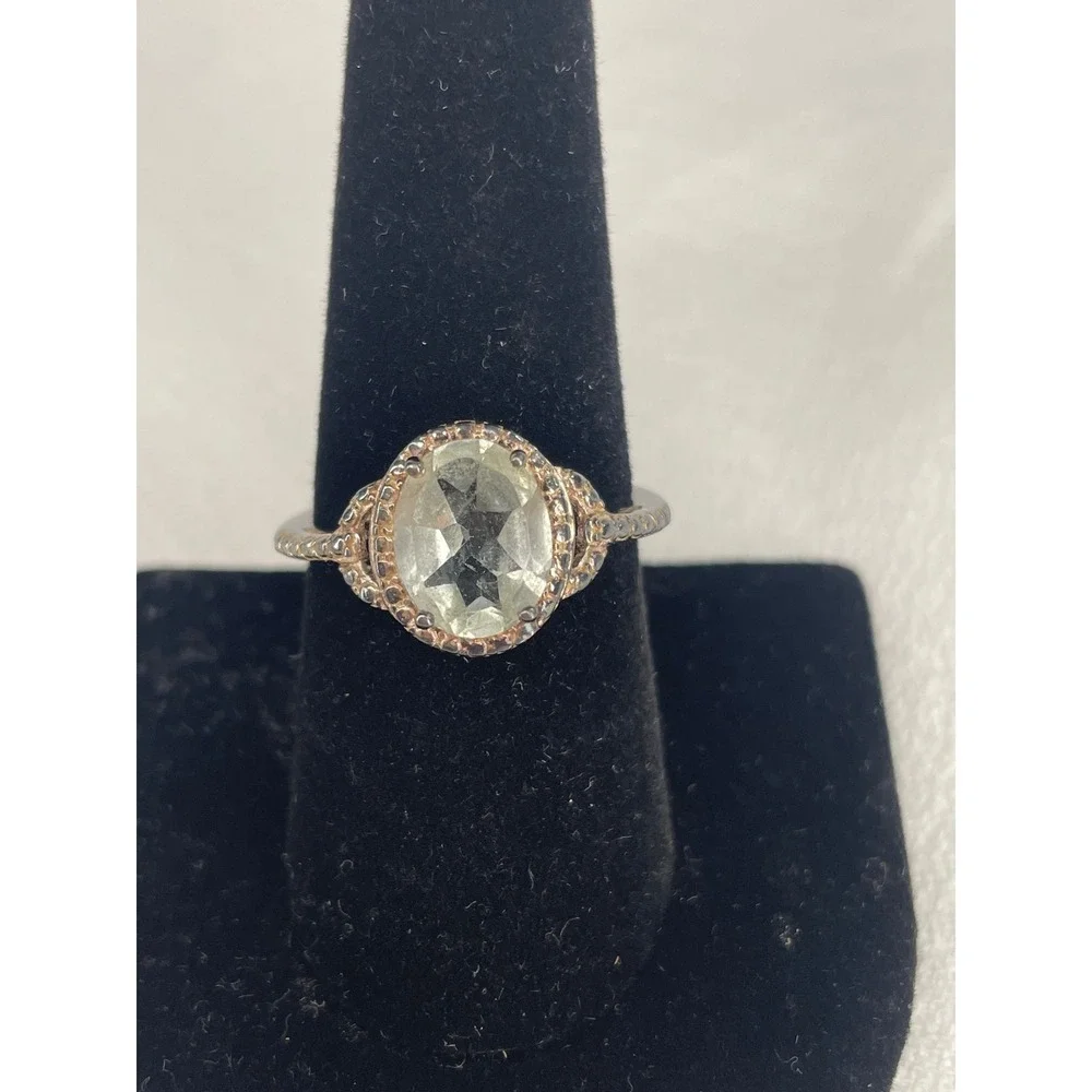 Green Amethyst Prasiolite Oval Halo Ring Silver Tone Size 8 Vintage Style